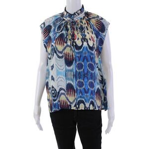 Mariacher Womens Silk Sleeveless Scalloped Ruffled Neck Blouse Blue Size L